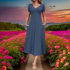 V-Neck POCKET Dress NWT! Short Sleeve Blue SIZES: SM, MED, LRG, XL Long